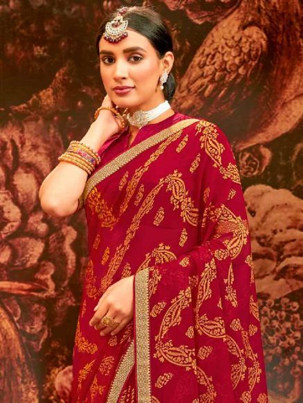 Beautiful Dark Red Brasso Printed Saree for Special Events Festivals and Parties - Indian Party Wear Manufacturers  in Delhi