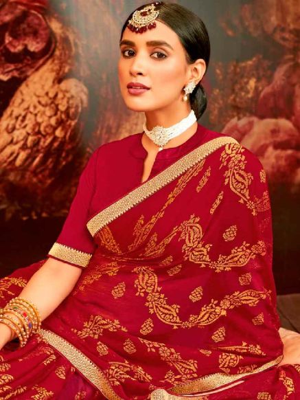 Beautiful Dark Red Brasso Printed Saree for Special Events Festivals and Parties - Indian Party Wear Manufacturers  in Delhi