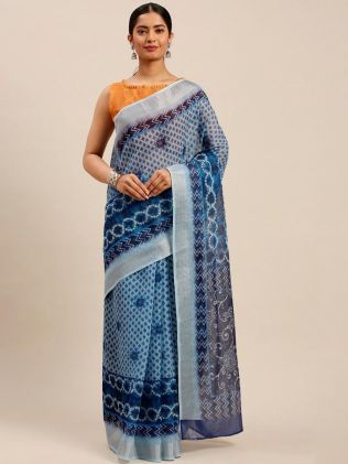 Blue and Off White Pochampally Cotton Saree with Geometric Print and Printed Border – Traditional Indian Wear Manufacturers in Madhya Pradesh