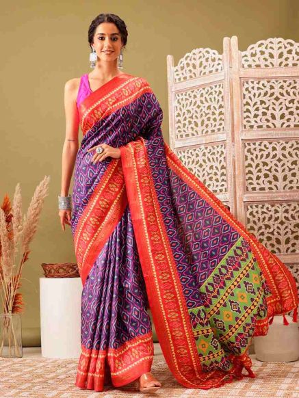 Blue and Red Pochampally Silk Blend Saree with Abstract Print – Traditional Wear Manufacturers  in Delhi