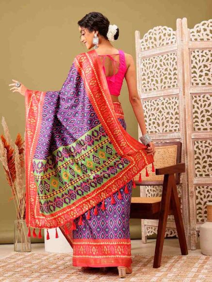 Blue and Red Pochampally Silk Blend Saree with Abstract Print – Traditional Wear Manufacturers  in Delhi