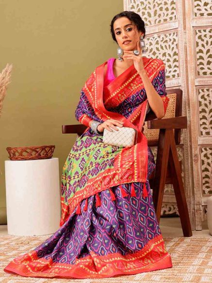 Blue and Red Pochampally Silk Blend Saree with Abstract Print – Traditional Wear Manufacturers  in Delhi
