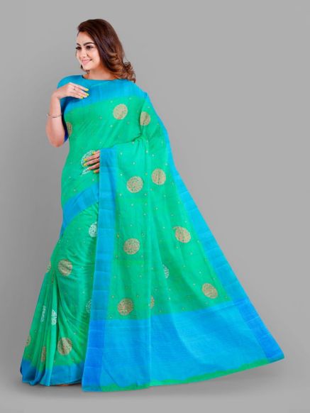 Charming Green Floral Jute Cotton Saree with Zari Border – Ideal for Festive Celebrations Manufacturers  in Delhi