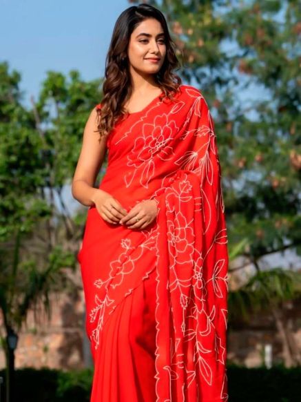 Charming Red Blended Pearl Work Saree with Dry Clean Only Manufacturers  in Delhi