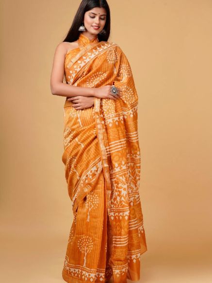 Classic Gold Maheshwari Silk Saree with Hand Block Design – Traditional Indian Wear Manufacturers  in Delhi