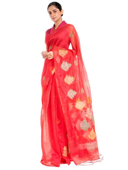 Classic Red Kora Cotton Saree with Intricate Resham Embroidery for Special Occasions Manufacturers  in Delhi