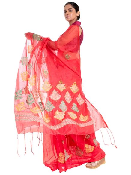 Classic Red Kora Cotton Saree with Intricate Resham Embroidery for Special Occasions Manufacturers  in Delhi