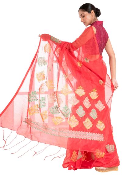 Classic Red Kora Cotton Saree with Intricate Resham Embroidery for Special Occasions Manufacturers  in Delhi
