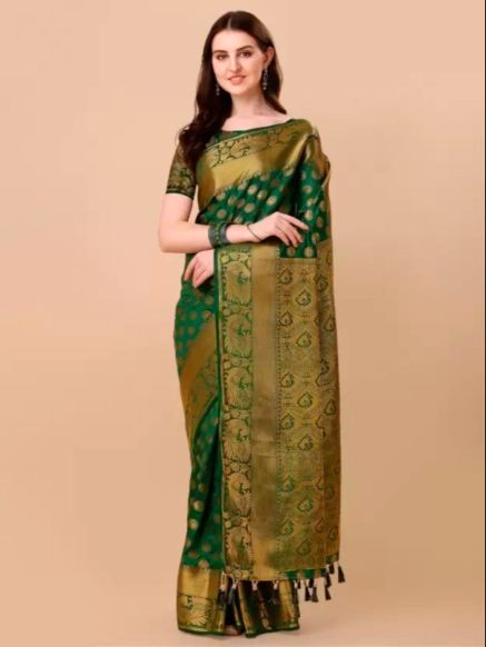 Dark Green Banarasi Cotton Saree with Real Zari Gold Weaving – Festive Wear Manufacturers  in Delhi