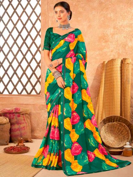 Deep Sea Green Weightless Georgette Saree Trendy Royal Silk Printed Saree for Casual Wear Manufacturers  in Delhi