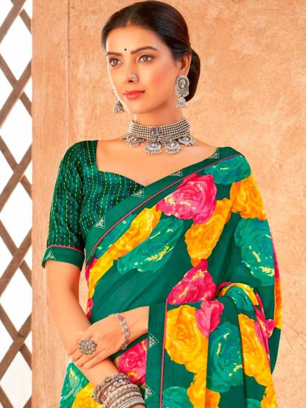 Deep Sea Green Weightless Georgette Saree Trendy Royal Silk Printed Saree for Casual Wear Manufacturers  in Delhi