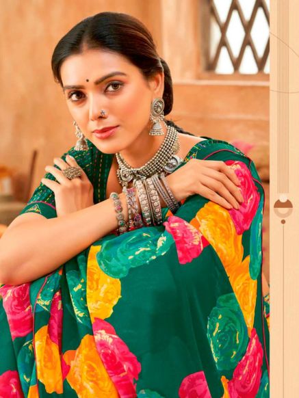 Deep Sea Green Weightless Georgette Saree Trendy Royal Silk Printed Saree for Casual Wear Manufacturers  in Delhi