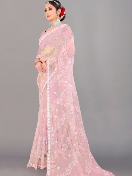 Designer Pink Bridal Saree Net Fabric with Rich Zari Embroidery for Weddings Manufacturers  in Delhi