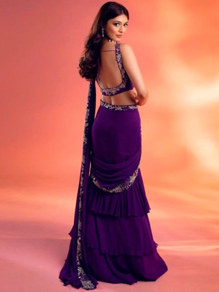 Designer Purple Chinon Silk Embroidered Lehenga Saree Stitched with Lace Work Dupatta Manufacturers  in Delhi