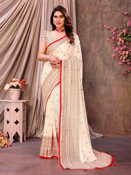 Elegant Cream and Red Ethnic Motifs Printed Jute Cotton Saree with Printed Border – Perfect for Festive Occasions Manufacturers  in Delhi