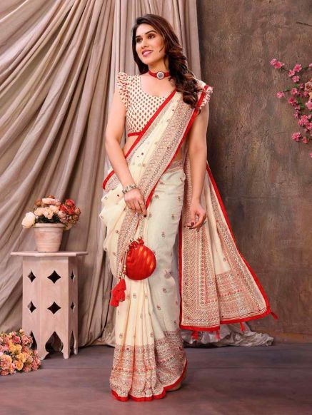 Elegant Cream and Red Ethnic Motifs Printed Jute Cotton Saree with Printed Border – Perfect for Festive Occasions Manufacturers  in Delhi