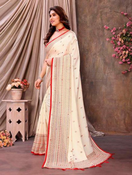 Elegant Cream and Red Ethnic Motifs Printed Jute Cotton Saree with Printed Border – Perfect for Festive Occasions Manufacturers  in Delhi