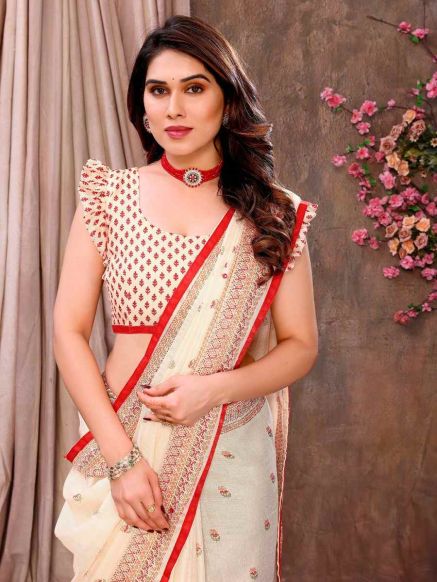 Elegant Cream and Red Ethnic Motifs Printed Jute Cotton Saree with Printed Border – Perfect for Festive Occasions Manufacturers  in Delhi