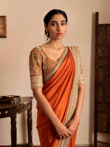 Elegant Dupion Silk Saree Olive Orange and Gold with Kashida Craftsmanship Manufacturers  in Delhi