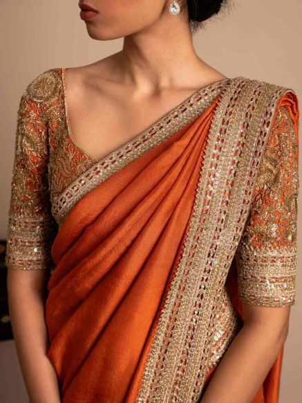 Elegant Dupion Silk Saree Olive Orange and Gold with Kashida Craftsmanship Manufacturers  in Delhi