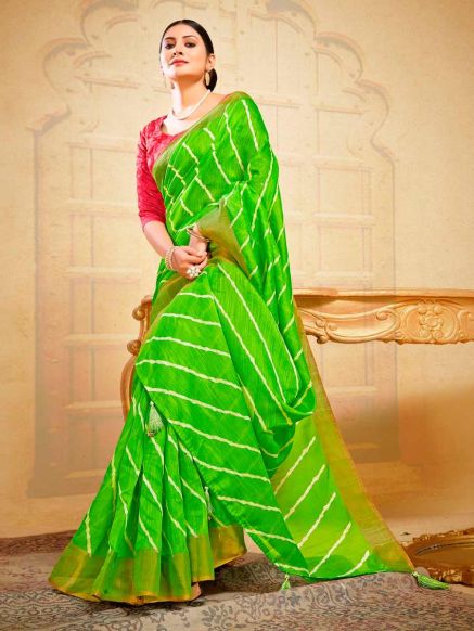 Elegant Green Lehariya Linen Saree with Striped Print Perfect for Festive Occasions Manufacturers  in Delhi