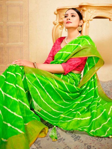 Elegant Green Lehariya Linen Saree with Striped Print Perfect for Festive Occasions Manufacturers  in Delhi