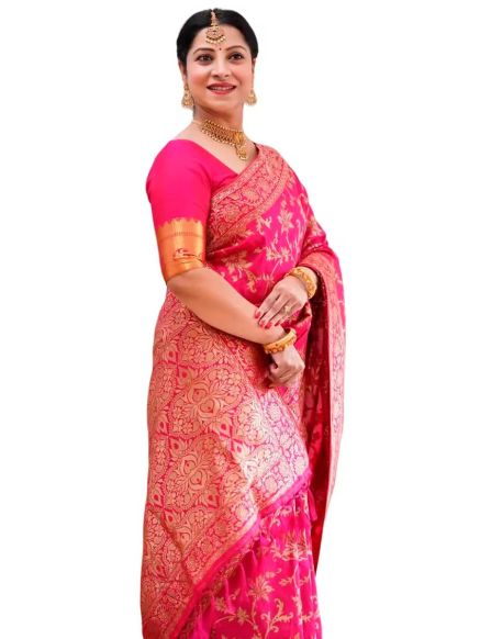 Elegant Pink Banarasi Soft Silk Bridal Saree Indian Traditional Wear with Golden Zari Weaving Manufacturers  in Delhi