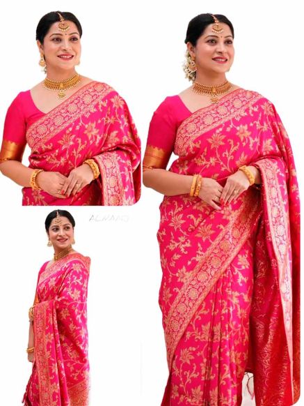 Elegant Pink Banarasi Soft Silk Bridal Saree Indian Traditional Wear with Golden Zari Weaving Manufacturers  in Delhi