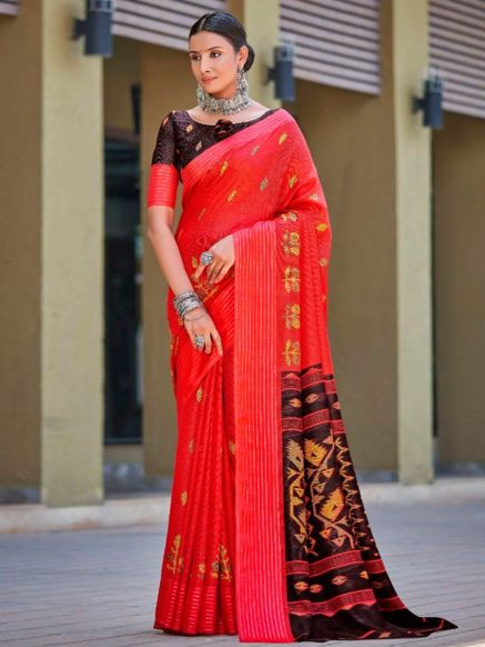 Elegant Red Printed Jute Saree Ikkat and Floral Patterns Perfect for Festive Occasions Manufacturers  in Delhi