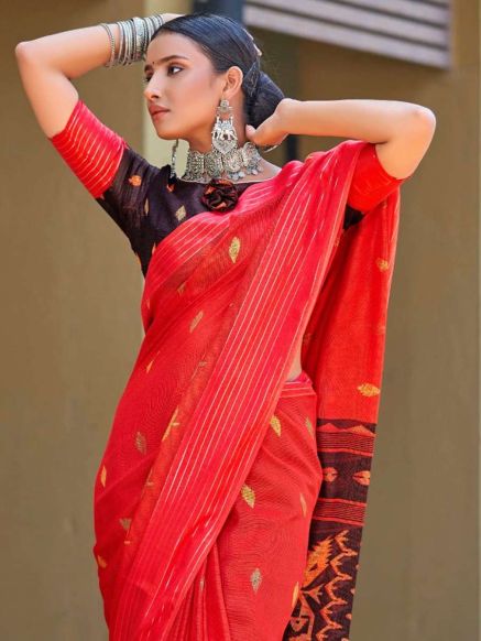 Elegant Red Printed Jute Saree Ikkat and Floral Patterns Perfect for Festive Occasions Manufacturers  in Delhi