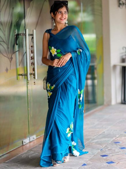 Elegant Rich Blue Chiffon Saree with Floral Hand painted Design Classy and Lightweight Manufacturers  in Delhi