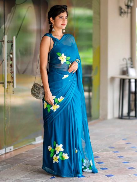 Elegant Rich Blue Chiffon Saree with Floral Hand painted Design Classy and Lightweight Manufacturers  in Delhi