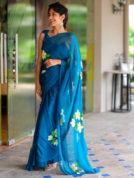Elegant Rich Blue Chiffon Saree with Floral Hand painted Design Classy and Lightweight Manufacturers  in Delhi