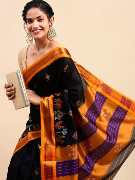 Exquisite Kasuti Black Soft Cotton Wedding Saree and Geometric Patterns Manufacturers  in Delhi