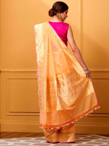 Festive Peach Cotton Kora Saree with Traditional Handloom Weaving and Kadhwa Booti Work Manufacturers  in Delhi