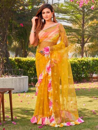 Festive Yellow Net Saree with Mirror Work Stone Embellishments and Embellished Border Manufacturers in Delhi