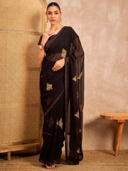 Floral Embroidered Black and Green Poly Georgette Saree with Embellished Border - Party Occasion Manufacturers  in Delhi