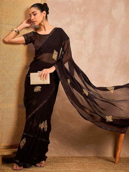 Floral Embroidered Black and Green Poly Georgette Saree with Embellished Border - Party Occasion Manufacturers  in Delhi