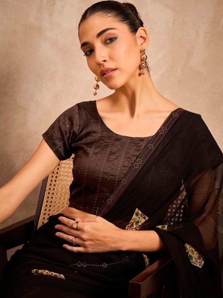 Floral Embroidered Black and Green Poly Georgette Saree with Embellished Border - Party Occasion Manufacturers  in Delhi