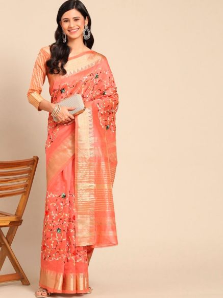 Floral Woven Design Assam Silk Saree in Peach and Gold Toned Silk Cotton Manufacturers  in Delhi