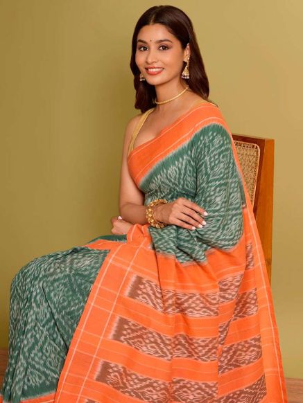 Geometric Print Green and Orange Pochampally Cotton Saree with Solid Border – Traditional Indian Style Manufacturers  in Delhi