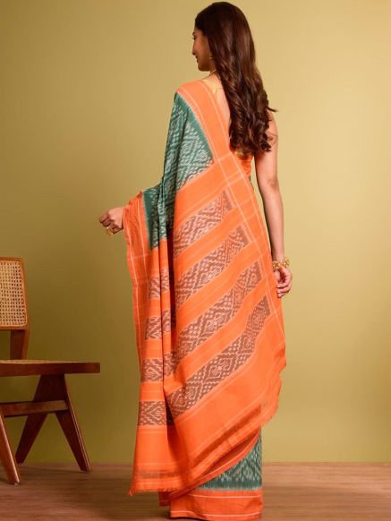 Geometric Print Green and Orange Pochampally Cotton Saree with Solid Border – Traditional Indian Style Manufacturers  in Delhi