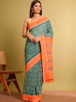 Geometric Print Green and Orange Pochampally Cotton Saree with Solid Border – Traditional Indian Style Manufacturers in Madhya Pradesh