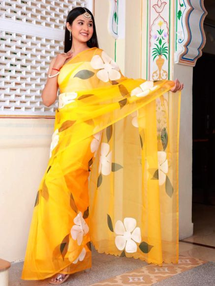 Graceful Hand Painted Yellow Organza Saree Perfect for Festive Occasions Manufacturers  in Delhi