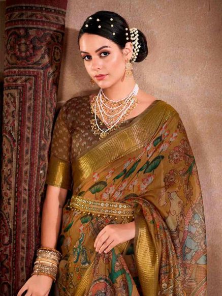 Green and Gold Toned Chanderi Silk Cotton Saree with Floral Print and Woven Design Border Manufacturers  in Delhi