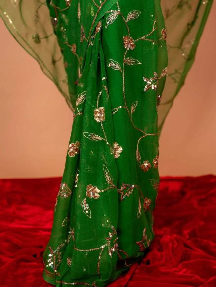 Green Viscose Chiffon Butta Saree with All Over Aari Sequins Jaal Work Solid Pattern Manufacturers  in Delhi