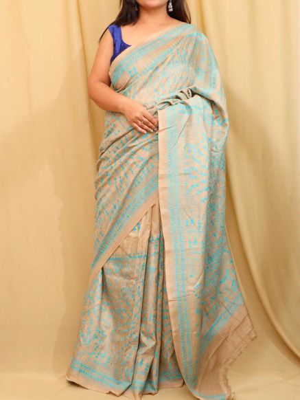 Hand Embroidered Tussar Silk Kantha Saree in Pastel Shades Manufacturers  in Delhi