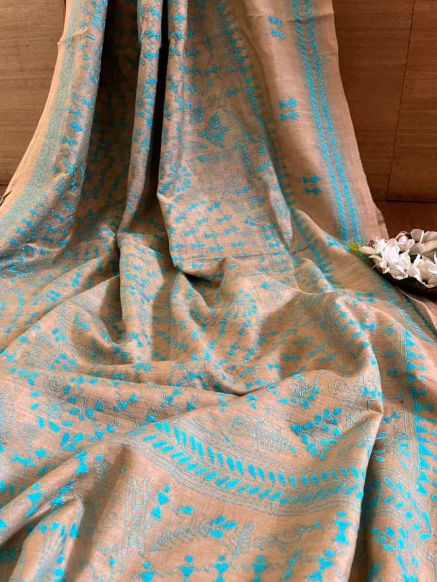 Hand Embroidered Tussar Silk Kantha Saree in Pastel Shades Manufacturers  in Delhi