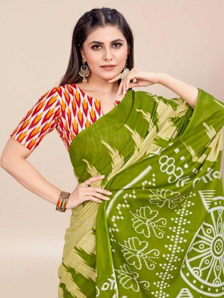 Handcrafted Ajrakh Cotton Saree with Block Print in Green and Beige - Printed Border, Pure Cotton, Festive Occasion Manufacturers  in Delhi