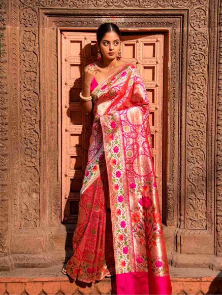 Luxurious Handwoven Pink Pure Katan Silk Banarasi Brocade Saree Dry Clean Only Manufacturers  in Delhi